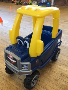 blue and yellow Little Tikes 4 X 4 truck ride on